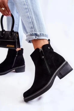 Best Zamszowe Botki Na Niskim Słupku Czarne Laurisa Damskie Botki Na Słupku|Czarne Botki