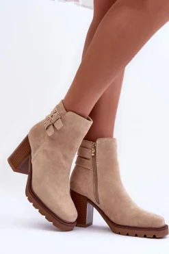 Discount Zamszowe Botki Na Obcasie Beżowe Makeline Damskie Botki Na Słupku|Brązowe I Beżowe Botki