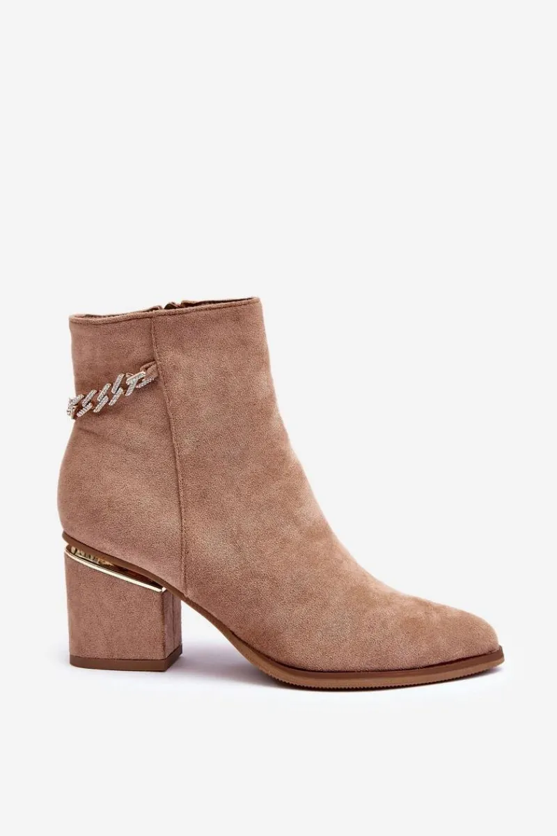 Best Boto Zamszowe Botki Na Obcasie Z Biżuteryjną Ozdobą Ciemnobeżowe Jadirel