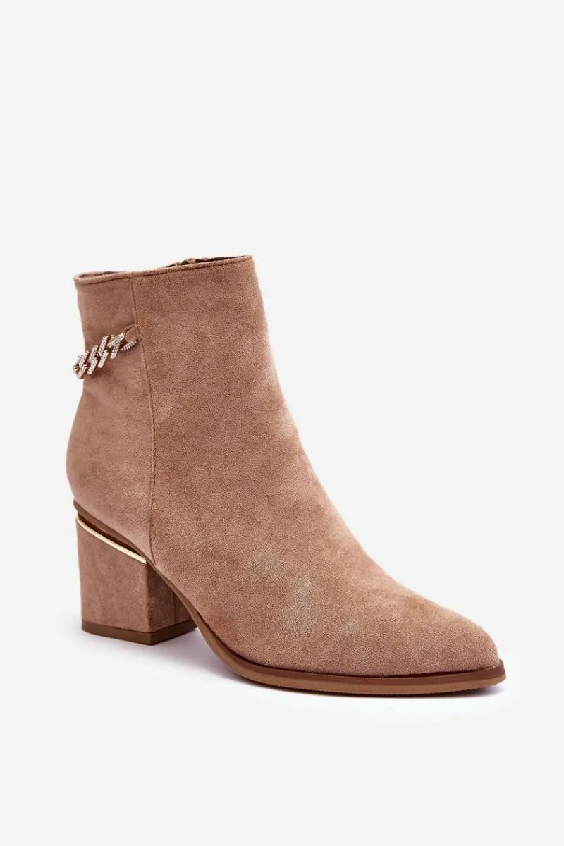 Best Boto Zamszowe Botki Na Obcasie Z Biżuteryjną Ozdobą Ciemnobeżowe Jadirel