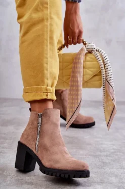 Sale Zamszowe Botki Na Obcasie Z Suwakiem Beżowe Sevione Damskie Botki Na Słupku|Czarne Botki