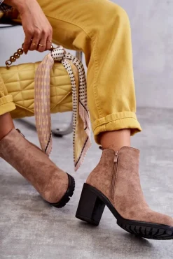 Sale Zamszowe Botki Na Obcasie Z Suwakiem Beżowe Sevione Damskie Botki Na Słupku|Czarne Botki