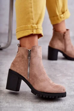 Sale Zamszowe Botki Na Obcasie Z Suwakiem Beżowe Sevione Damskie Botki Na Słupku|Czarne Botki