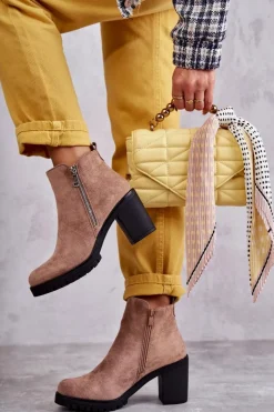 Sale Zamszowe Botki Na Obcasie Z Suwakiem Beżowe Sevione Damskie Botki Na Słupku|Czarne Botki