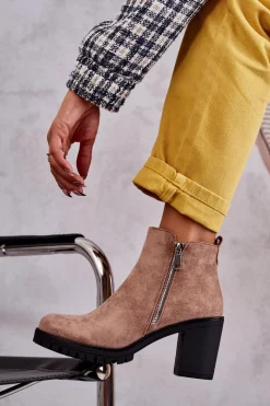 Sale Zamszowe Botki Na Obcasie Z Suwakiem Beżowe Sevione Damskie Botki Na Słupku|Czarne Botki