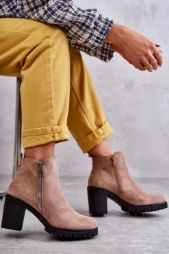 Sale Zamszowe Botki Na Obcasie Z Suwakiem Beżowe Sevione Damskie Botki Na Słupku|Czarne Botki