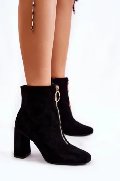 Discount Boto Zamszowe Botki Na Obcasie Z Ozdobnym Zamkiem Czarne Lisette