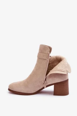 Discount Boto Zamszowe Botki Na Obcasie Z Klamrą Beżowe Bronte