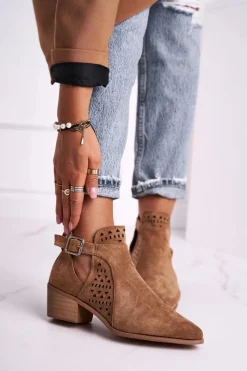 Outlet Boto Zamszowe Botki Na Obcasie Z Klamrą Camel Esen