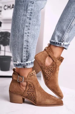 Outlet Boto Zamszowe Botki Na Obcasie Z Klamrą Camel Esen