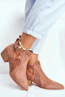 Best Boto Zamszowe Botki Na Obcasie Z Klamrą Różowe Esen