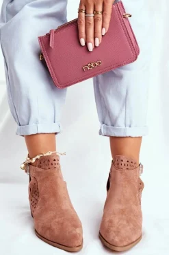 Best Boto Zamszowe Botki Na Obcasie Z Klamrą Różowe Esen