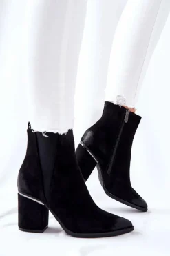 New Zamszowe Botki Na Obcasie Czarne Coriseis Damskie Botki Na Słupku|Czarne Botki