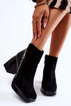 Clearance Boto Zamszowe Botki Na Obcasie Geometryczny Wzór Czarne Alienore Czarny