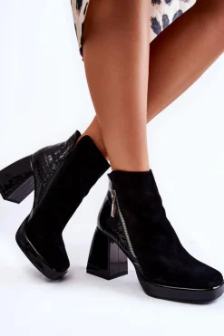 Clearance Boto Zamszowe Botki Na Obcasie Geometryczny Wzór Czarne Alienore Czarny