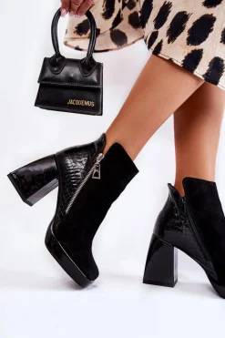 Clearance Boto Zamszowe Botki Na Obcasie Geometryczny Wzór Czarne Alienore Czarny