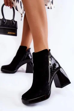 Clearance Boto Zamszowe Botki Na Obcasie Geometryczny Wzór Czarne Alienore Czarny