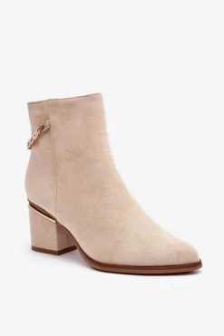 Hot Zamszowe Botki Na Obcasie Z Biżuteryjną Ozdobą Beżowe Jadirel Damskie Brązowe I Beżowe Botki|Botki Na Obcasie