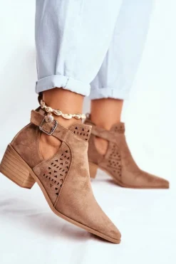 Botki Wiosenne|Botki Na Słupku>Boto Zamszowe Botki Na Obcasie Z Klamrą Beżowe Esen