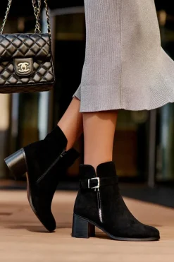 Clearance Zamszowe Botki Na Obcasie Z Klamrą Czarne Bronte Damskie Botki Ocieplane|Czarne Botki