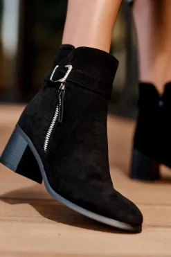 Clearance Zamszowe Botki Na Obcasie Z Klamrą Czarne Bronte Damskie Botki Ocieplane|Czarne Botki