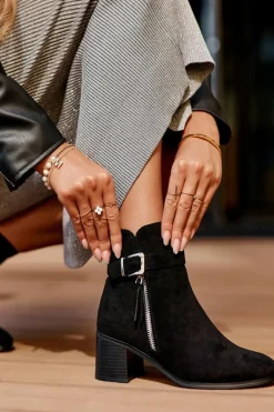 Clearance Zamszowe Botki Na Obcasie Z Klamrą Czarne Bronte Damskie Botki Ocieplane|Czarne Botki