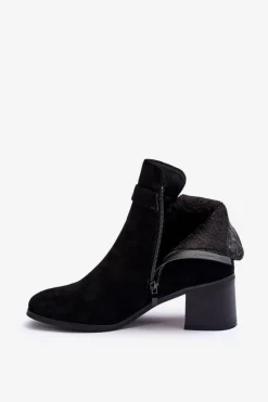 Clearance Zamszowe Botki Na Obcasie Z Klamrą Czarne Bronte Damskie Botki Ocieplane|Czarne Botki