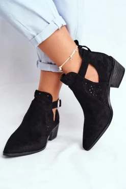 Clearance Zamszowe Botki Na Obcasie Z Klamrą Czarne Esen Damskie Botki Wiosenne|Botki Na Słupku