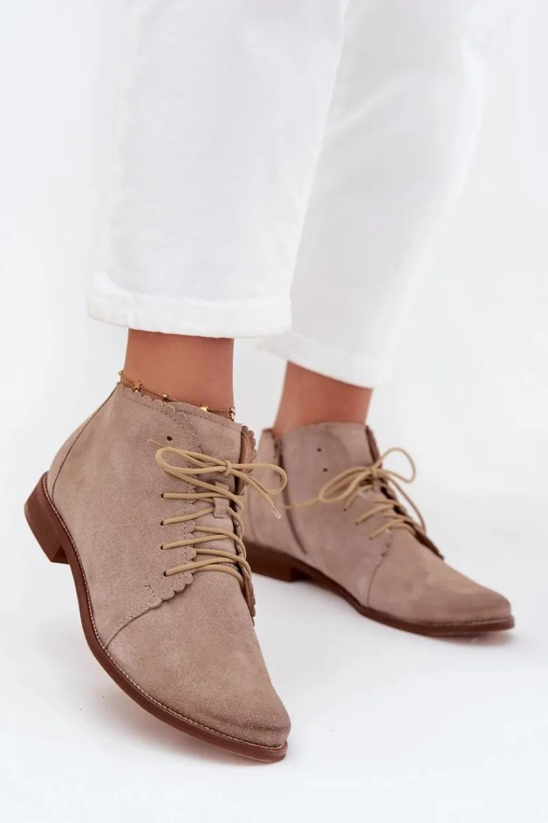 Outlet Zamszowe Botki Na Płaskim Obcasie Cappuccino Zazoo 4078 Damskie Botki Skórzane|Botki Sznurowane