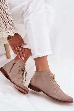 Outlet Zamszowe Botki Na Płaskim Obcasie Cappuccino Zazoo 4078 Damskie Botki Skórzane|Botki Sznurowane