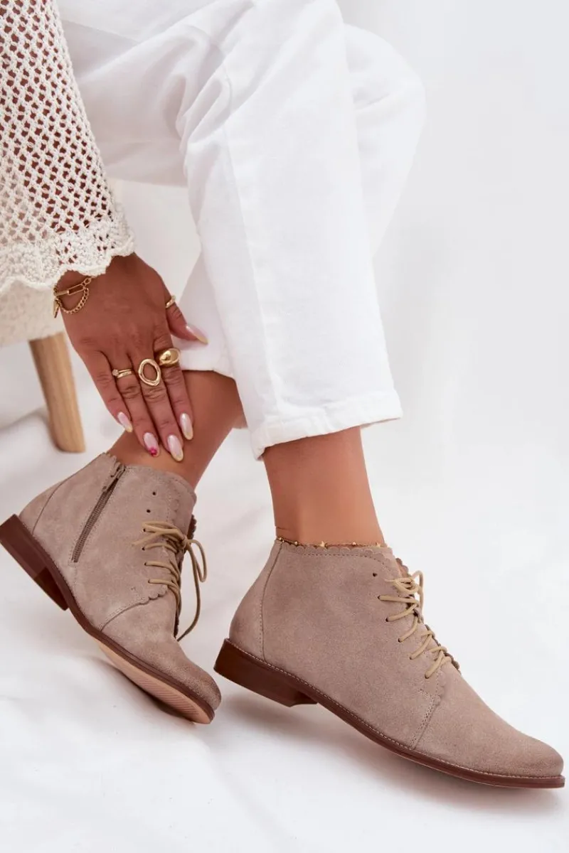 Outlet Zamszowe Botki Na Płaskim Obcasie Cappuccino Zazoo 4078 Damskie Botki Skórzane|Botki Sznurowane