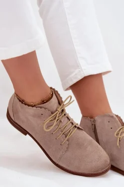 Outlet Zamszowe Botki Na Płaskim Obcasie Cappuccino Zazoo 4078 Damskie Botki Skórzane|Botki Sznurowane