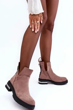 Outlet Boto Zamszowe Botki Na Płaskim Obcasie Z Wycięciami Ciemnobeżowe Lamedella