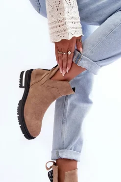 Brązowe I Beżowe Botki|Botki Płaskie>Boto Zamszowe Botki Na Płaskim Obcasie Z Wycięciami Beżowe Lamedella