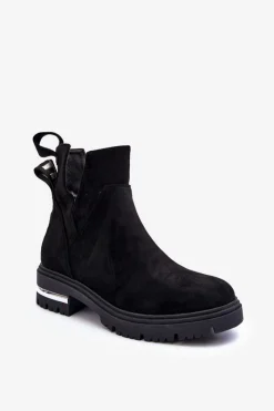 Discount Boto Zamszowe Botki Na Płaskim Obcasie Z Wycięciami Czarne Lamedella