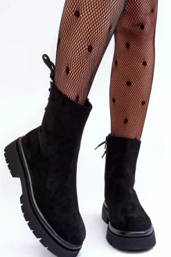 Outlet Zamszowe Botki Na Płaskim Obcasie Sznurowane Czarne Lakyta Damskie Czarne Botki|Botki Płaskie