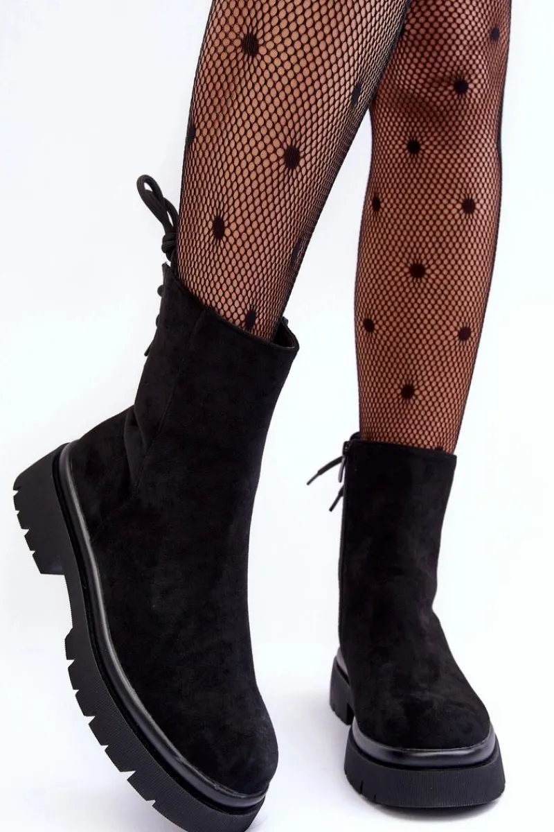 Outlet Zamszowe Botki Na Płaskim Obcasie Sznurowane Czarne Lakyta Damskie Czarne Botki|Botki Płaskie