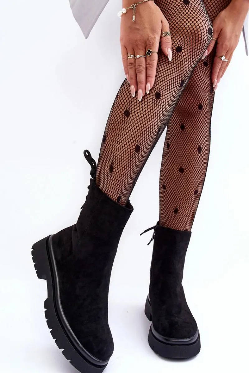 Outlet Zamszowe Botki Na Płaskim Obcasie Sznurowane Czarne Lakyta Damskie Czarne Botki|Botki Płaskie