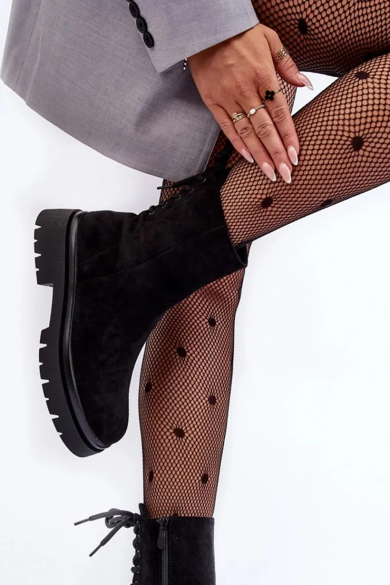 Outlet Zamszowe Botki Na Płaskim Obcasie Sznurowane Czarne Lakyta Damskie Czarne Botki|Botki Płaskie