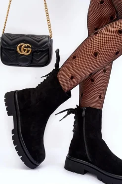 Outlet Zamszowe Botki Na Płaskim Obcasie Sznurowane Czarne Lakyta Damskie Czarne Botki|Botki Płaskie