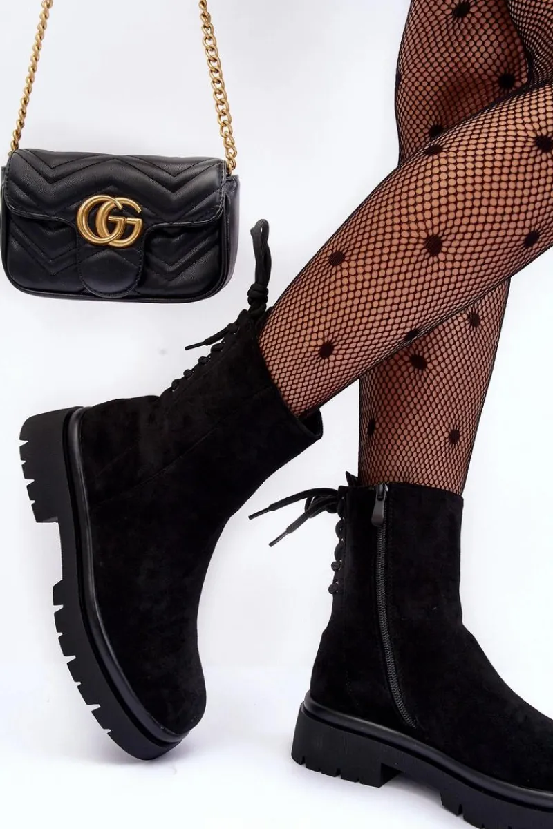 Outlet Zamszowe Botki Na Płaskim Obcasie Sznurowane Czarne Lakyta Damskie Czarne Botki|Botki Płaskie