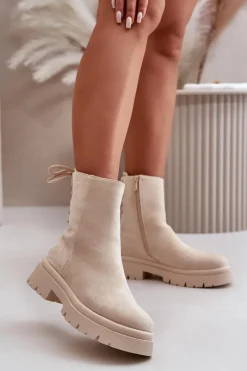 Outlet Boto Zamszowe Botki Na Płaskim Obcasie Sznurowane Beżowe Lakyta