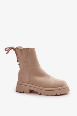 Outlet Boto Zamszowe Botki Na Płaskim Obcasie Sznurowane Beżowe Lakyta