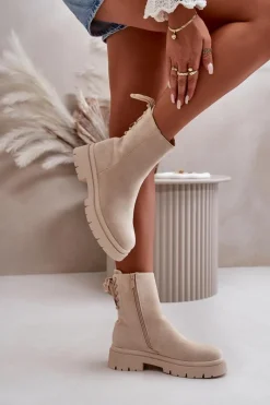 Outlet Boto Zamszowe Botki Na Płaskim Obcasie Sznurowane Beżowe Lakyta