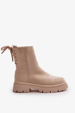 Outlet Boto Zamszowe Botki Na Płaskim Obcasie Sznurowane Beżowe Lakyta