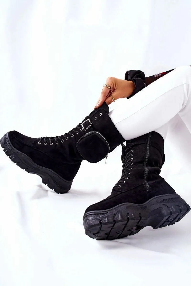 Hot Boto Zamszowe Botki Na Platformie Z Nerką Czarne Issanti