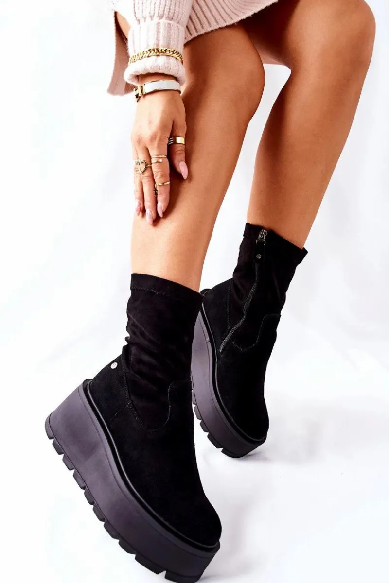 Outlet Maciejka Zamszowe Botki Na Platformie Czarne 05319-01