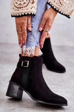 Hot Zamszowe Botki Na Słupku Czarne Vannes Damskie Botki Na Słupku|Czarne Botki