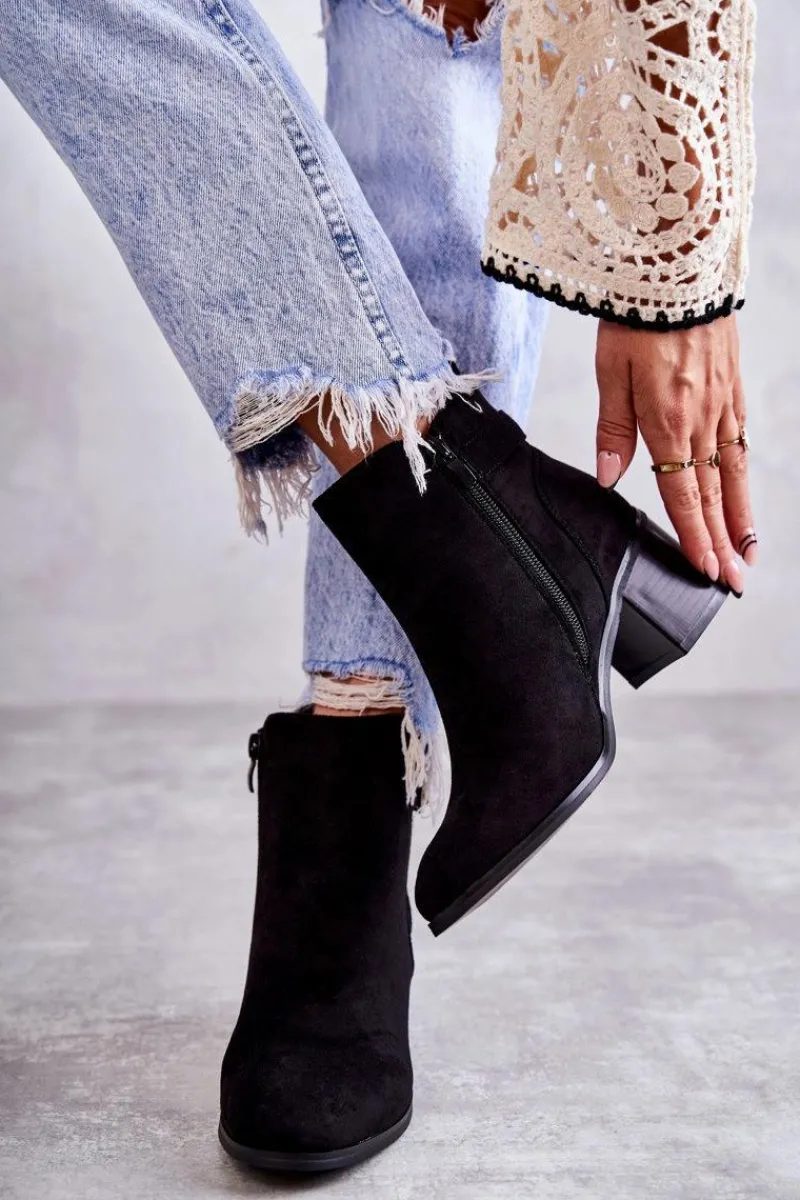 Hot Zamszowe Botki Na Słupku Czarne Vannes Damskie Botki Na Słupku|Czarne Botki