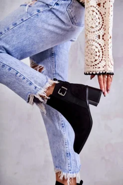 Hot Zamszowe Botki Na Słupku Czarne Vannes Damskie Botki Na Słupku|Czarne Botki